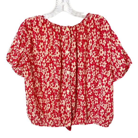 Madewell Crinkled Button-Back Tie Tee in Full Bloom Womens Size Medium Red Cream - Picture 3 of 8